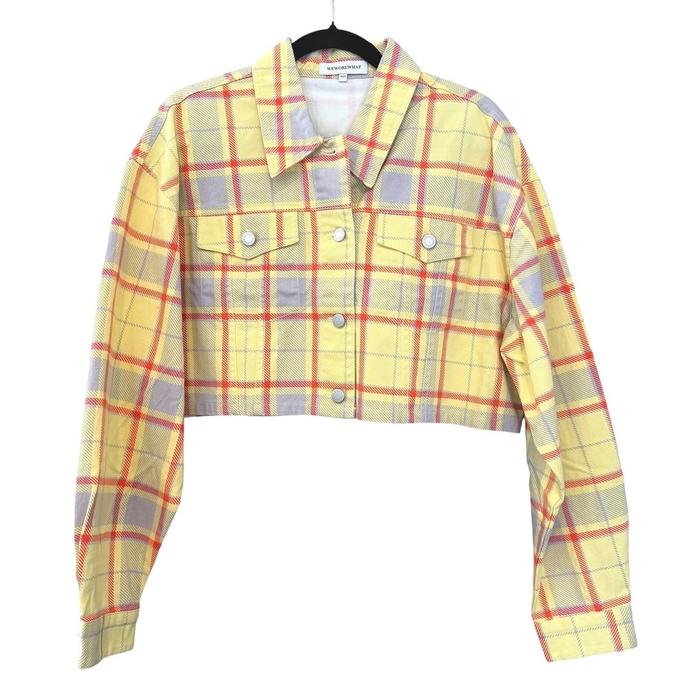 WeWoreWhat Cropped Plaid Denim Jacket XS/S Yellow Cotton Boxy Preppy Streetwear